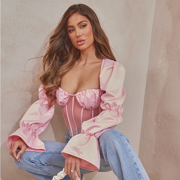 Pink Mesh Corset Long Sleeve Satin Crop Top - NWT - Picture 2 of 6